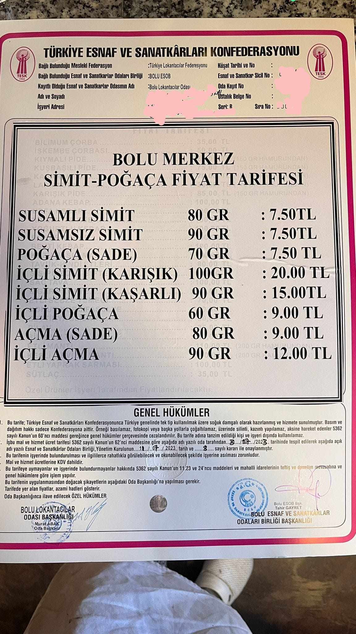 Bolu Lokantacılar, Pastacılar, Fırıncılar Odası fiyat listesi