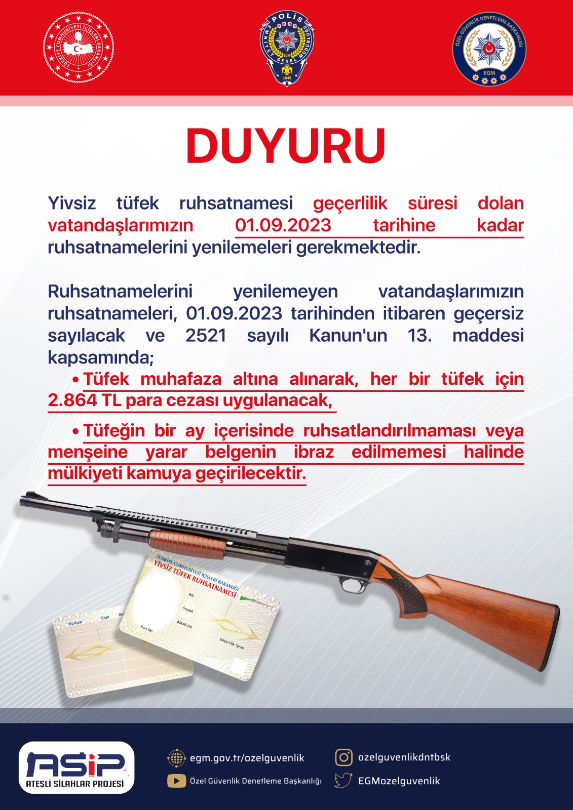 Av tüfeği sahiplerine 1 Eylül  uyarısı 2.864 TL cezası var1