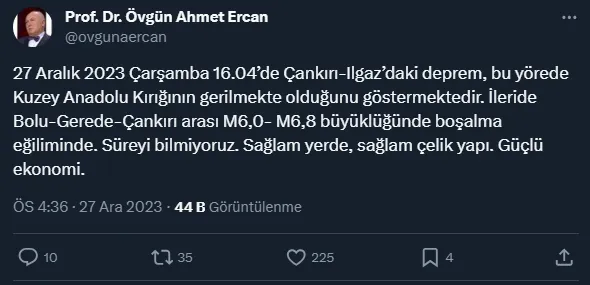 Prof. Dr. Ahmet Ercan'dan 6,8'lik Deprem Uyarısı! Bolu Gerede ve Çankırı’yı uyardı