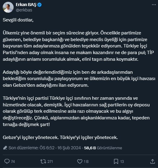 Ti̇p Genel Başkanı Erkan Baş, Gebze'den Belediye Başkan Adaylığını Açıkladı