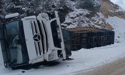 Buzlu yolda kontrolden çıkan kamyon devrildi: 1 yaralı