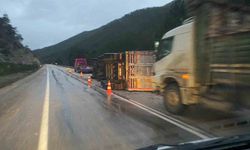 Bolu’da odun yüklü tır devrildi