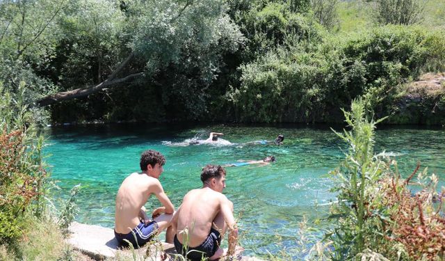 Serinlemek uğruna tehlikeli suda böyle yüzdüler