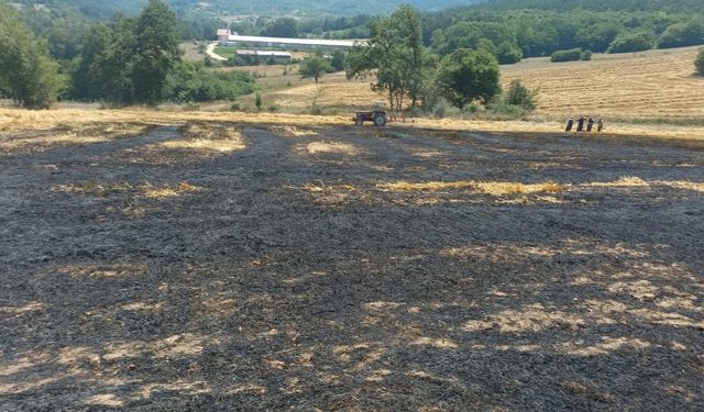 Balya yapılmayı bekleyen buğday sapları alev alev yandı