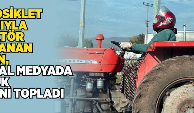 Motosiklet kaskıyla traktör kullanan kadın, sosyal medyada büyük beğeni topladı